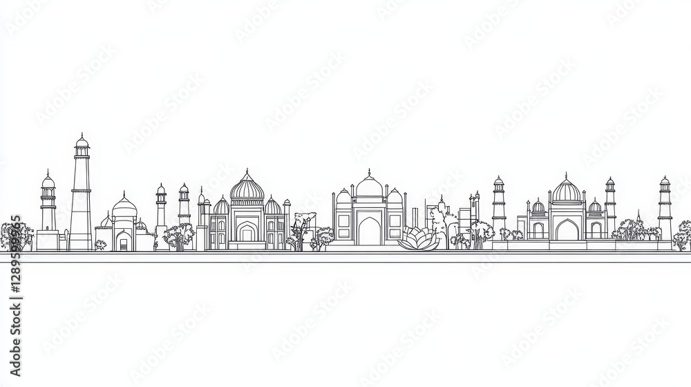 Naklejka premium An outline drawing of the New Delhi skyline. It shows well-known buildings, such as the Red Fort and the Lotus Temple.