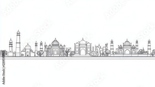 An outline drawing of the New Delhi skyline. It shows well-known buildings, such as the Red Fort and the Lotus Temple.