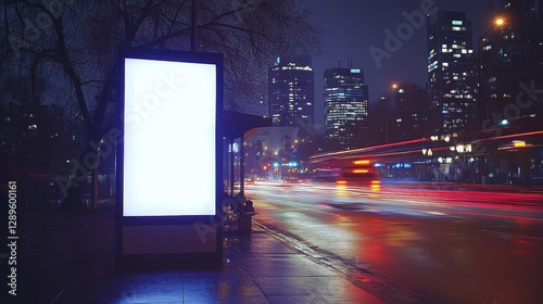 Blank billboard mockup on the side of a bustling urban street, with vibrant light trails from moving people and vehicles, creating a dynamic city atmosphere at night. photo