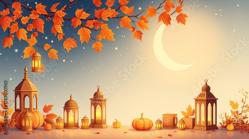 Ramadan lanterns under crescent moon, Islamic festive night, spiritual and peaceful ambiance. Ramadan background