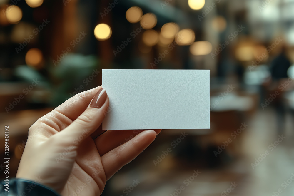 ,Blank business card held in hand against a blurred background ,hand holding blank business card ,Blank business card held in hand against a blurred background ,hand holding blank business card