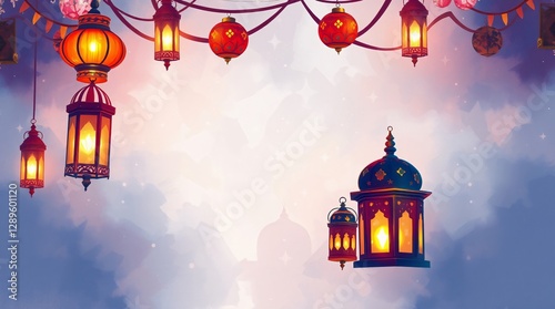 Elegant Ramadan Lanterns Under the Evening Sky. Ramadan and Islamic background. Ramadan abstract