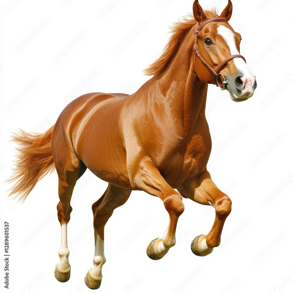 Obraz premium A horse isolated on a white background, cut out to emphasize its graceful form and strength, showcasing the beauty and elegance of the animal in a clean, minimalist style.
