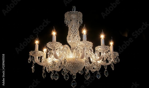 Elegant crystal chandelier glowing warmly in a dimly lit room, its intricate details illuminated to create a luxurious and timeless interior setting.