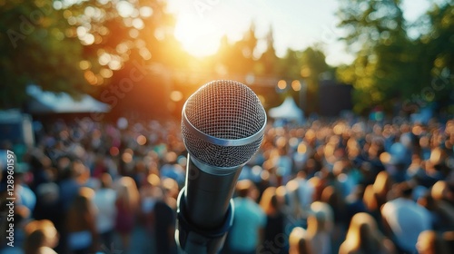 Close-up of a microphone with a blurred crowd at an outdoor event photo