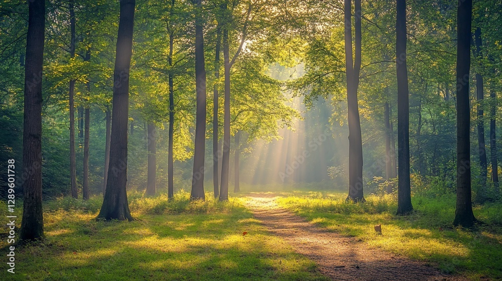 Sunbeams illuminating a misty forest path. Sunbeams illuminating a misty forest path.