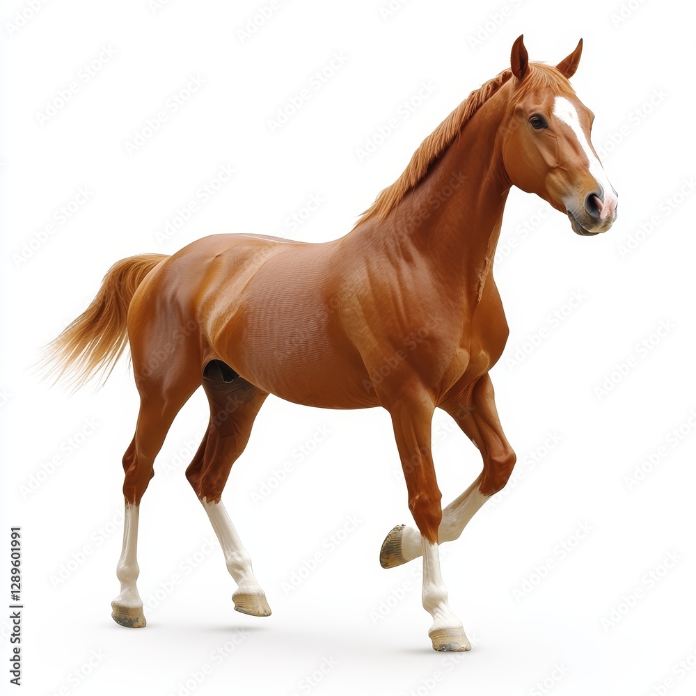 Obraz premium A horse isolated on a white background, cut out to emphasize its graceful form and strength, showcasing the beauty and elegance of the animal in a clean, minimalist style.