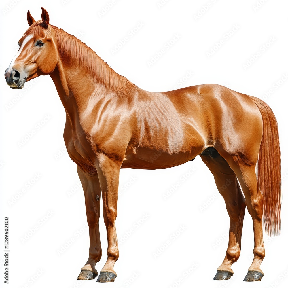 Obraz premium A horse isolated on a white background, cut out to emphasize its graceful form and strength, showcasing the beauty and elegance of the animal in a clean, minimalist style.