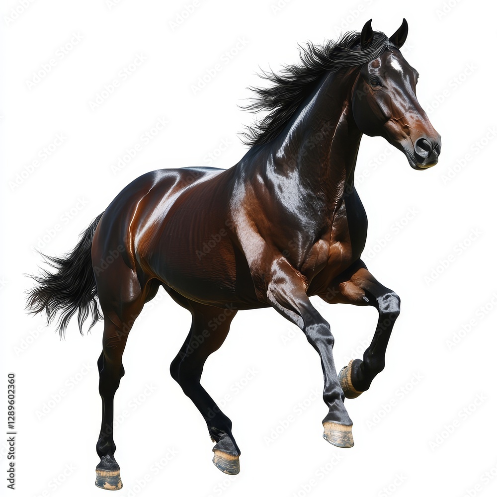 Obraz premium A horse isolated on a white background, cut out to emphasize its graceful form and strength, showcasing the beauty and elegance of the animal in a clean, minimalist style.