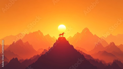 A majestic horse standing atop a mountain with the setting sun casting a golden glow in the background, captured in a minimalist style, evoking a sense of strength, freedom, and natural beauty.