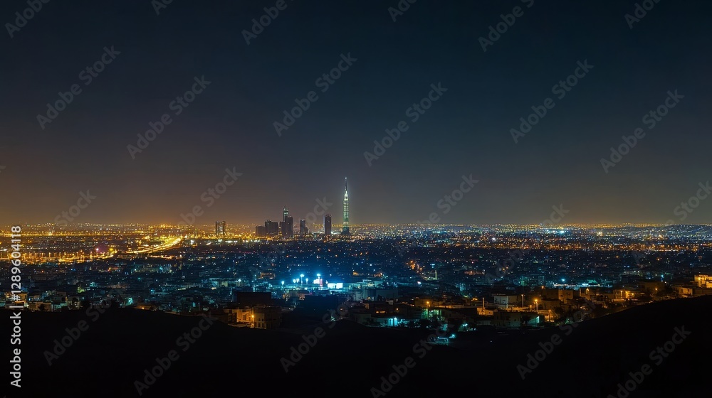 Obraz premium Breathtaking night view of Riyadh's skyline dominated by Kingdom Tower.