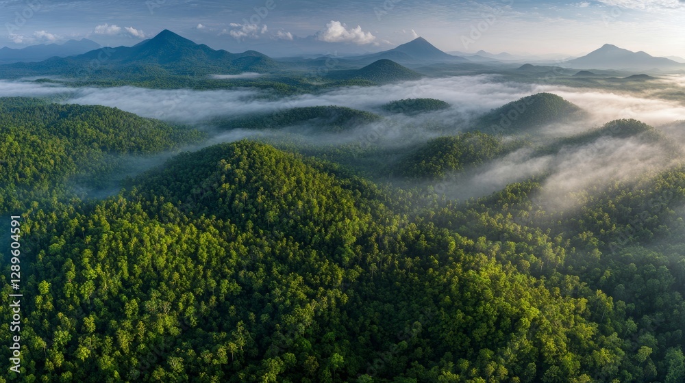 Obraz premium Aerial panoramic view of tropical mountains covered in lush greenery with mist and fog in the distance, under a vast blue sky with scattered white clouds, creating a serene and breathtaking landscape.