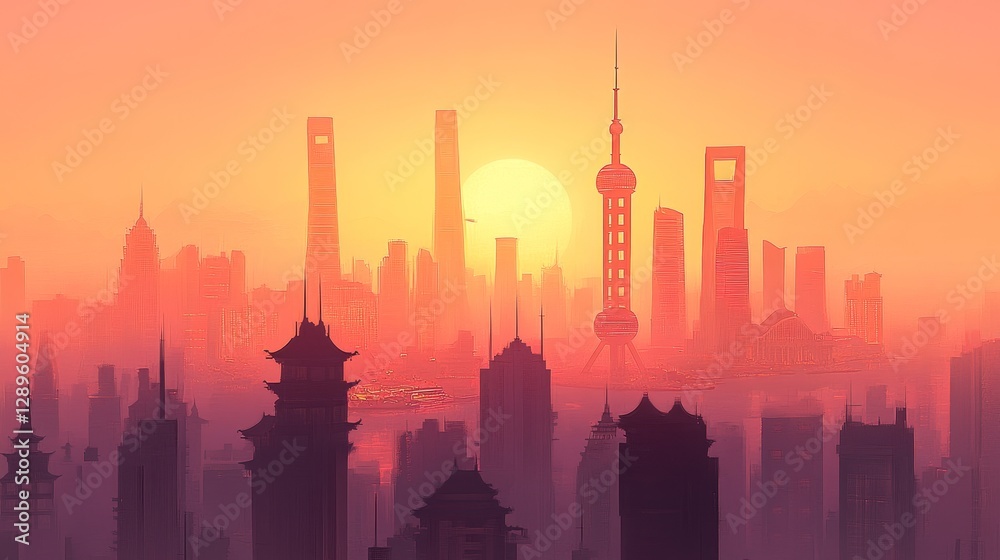 Fototapeta premium Chinese city skyline with tall buildings, towers, and a pagoda in a panoramic view.