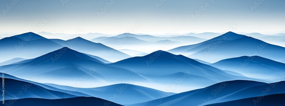 Obraz premium Aerial panoramic view of tropical mountains covered in lush greenery with mist and fog in the distance, under a vast blue sky with scattered white clouds, creating a serene and breathtaking landscape.