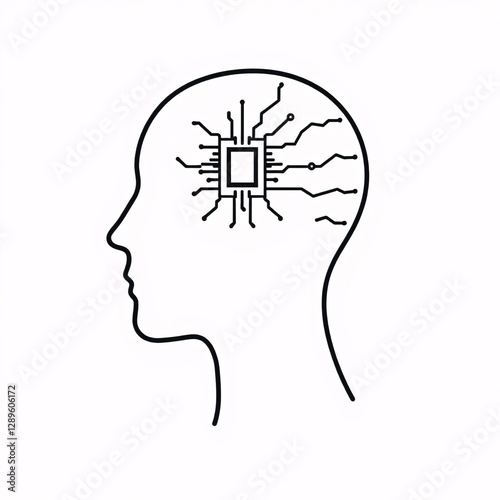 Artificial Intelligence Brain with Microchip, Human Head Outline, AI Technology, Neural Network