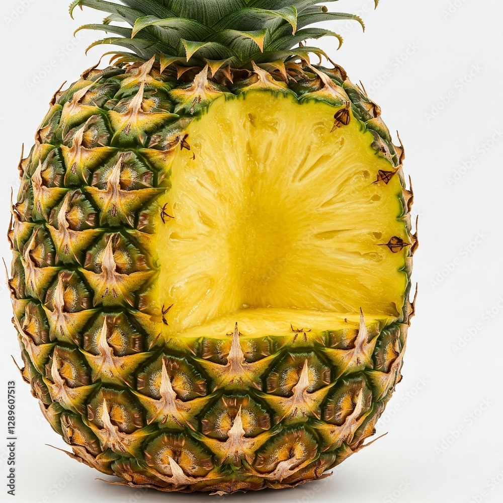 Whole pineapple with bite mark revealing juicy inner pulp, on white Whole pineapple with bite mark revealing juicy inner pulp, on white