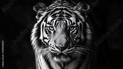 black and white close-up of a tiger's face with piercing eyes and detailed stripes

