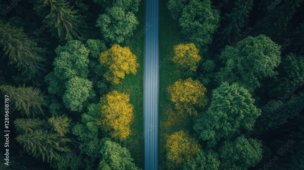 Fototapeta premium Forest road aerial view. Trees with green and yellow leaves grow next to a grey asphalt road in the woods.