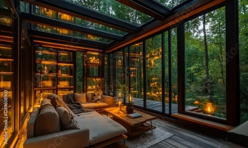 Cozy interior of a modern glass cabin nestled in a dense forest  warm glowing lights illuminating the wooden furniture  large windows offering a serene view 