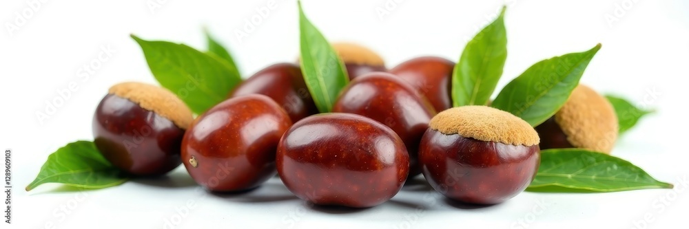 Group of shiny chestnuts with vibrant green leaves isolated on white background , brown, white background Group of shiny chestnuts with vibrant green leaves isolated on white background , brown, white background
