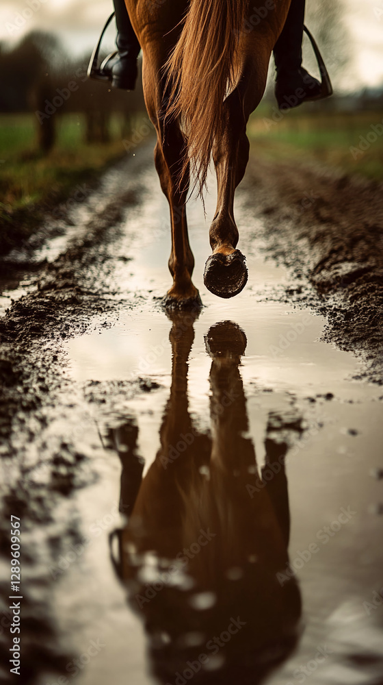Fototapeta premium Close-up of a horseâ€™s hooves walking through a muddy path with reflection in the water, symbolizing motion, connection with nature, and equestrian life.