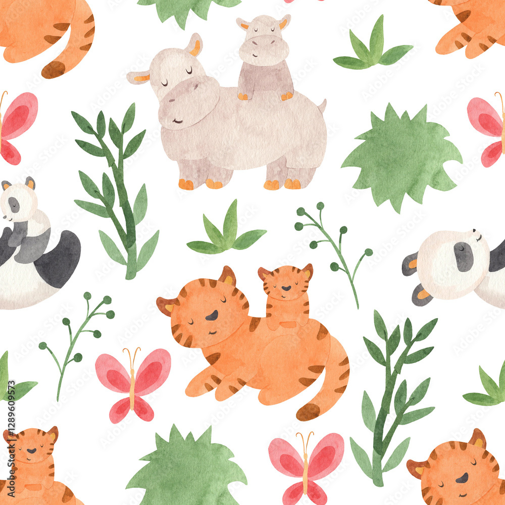 Obraz premium Seamless pattern of jungle safari animals. Hand drawn watercolor illustration of mother and baby tiger, hippo and panda surrounded tropical. Perfect for nursery