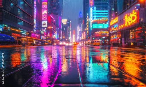 Wallpaper Mural Futuristic cityscape with glowing neon lights reflected on wet streets, skyscrapers creating a high-tech urban atmosphere Torontodigital.ca