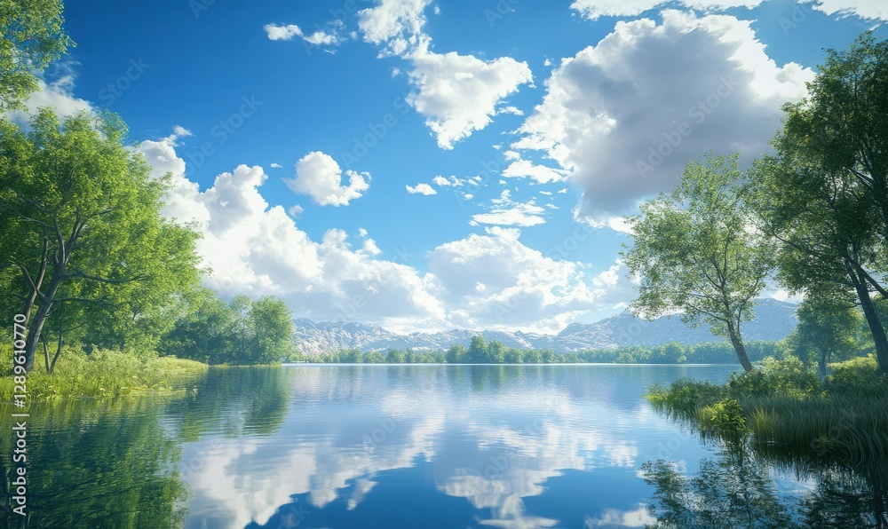 Obraz premium Crisp white clouds floating in a clear summer sky, creating a tranquil and serene natural landscape with bright and fresh tones