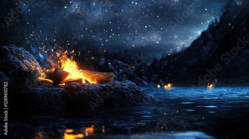 Wallpaper Mural Night campfire on rocks by starry lake Torontodigital.ca