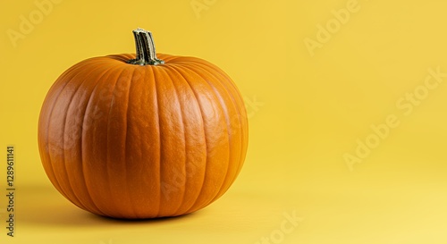 A bright orange pumpkin against a yellow background, symbolizing autumn and harvest.