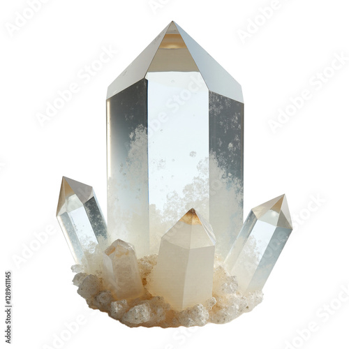 Pristine clear quartz crystal cluster isolated on transparent background. Ethereal gemstone for spiritual designs, wellness visuals, minimalist backgrounds, graphic elements.