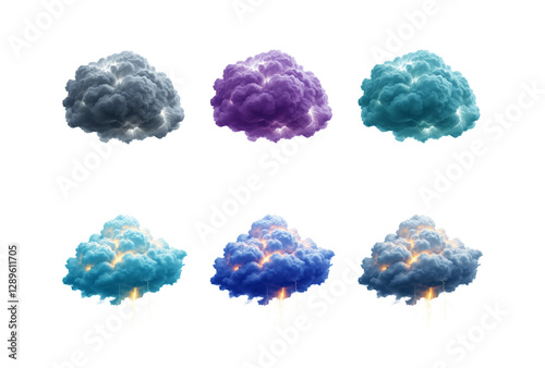 Vibrant Cloud Illustrations in Shades of Grey, Purple, and Blue with Lightning Effects, Perfect for Weather and Fantasy Themes, Isolated on Transparent and White Background