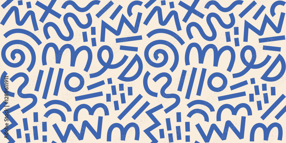Obraz premium Memphis geometric seamless pattern. Pink blue abstract background in retro 80s, 90s style with various shapes: circles, semicircles, dots, zigzags, spirals, wavy lines. Cute kid doodle design. 