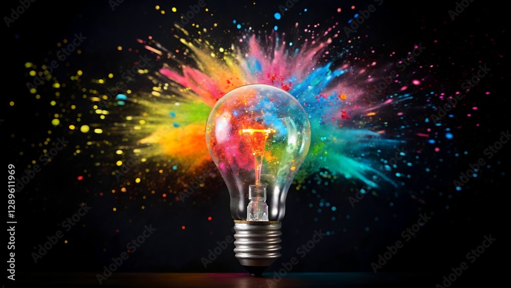 Dramatic Shattered Light Bulb Exploding with Vibrant Paint Splatters on Deep Black Background – Conceptual Art for Innovation and Creative Thinking Dramatic Shattered Light Bulb Exploding with Vibrant Paint Splatters on Deep Black Background – Conceptual Art for Innovation and Creative Thinking