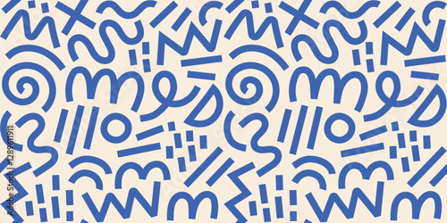 Memphis geometric seamless pattern. Pink blue abstract background in retro 80s, 90s style with various shapes: circles, semicircles, dots, zigzags, spirals, wavy lines. Cute kid doodle design.	