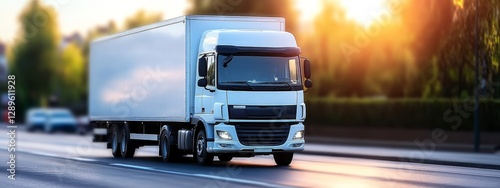 Modern delivery truck driving through a suburban neighborhood at sunrise, illuminated by warm sunlight under a clear blue sky, symbolizing logistics, transportation, and efficient delivery services. photo