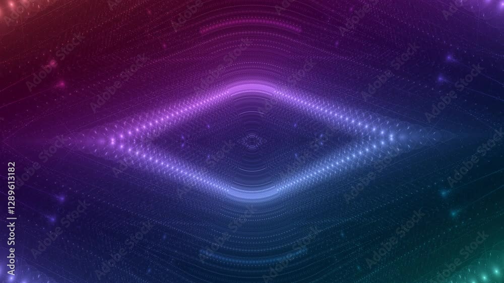 energievoll leuchtende Lichtpunkte bewegen sich langsam rautenförmig im Mittelpunkt, digitaler Datentransfer, Algorithmus, Internet, Datenfluss, Geschwindigkeit, Wandel, Austausch, violett, lila
