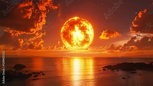 Dramatic Sunset of a Fiery Star Over Sea - Made with Generative AI