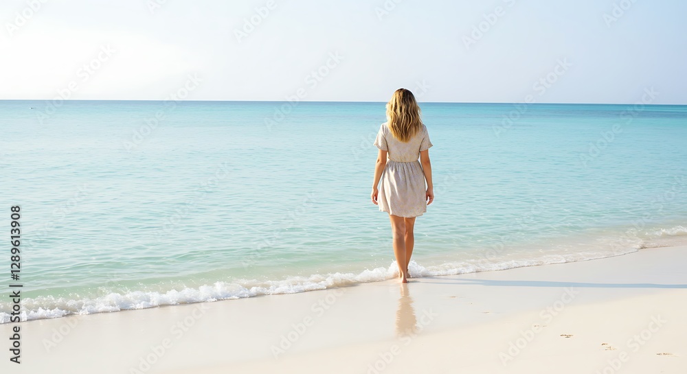 Woman Walking on Beach Enjoying Sea View in Summer Vacation Woman Walking on Beach Enjoying Sea View in Summer Vacation