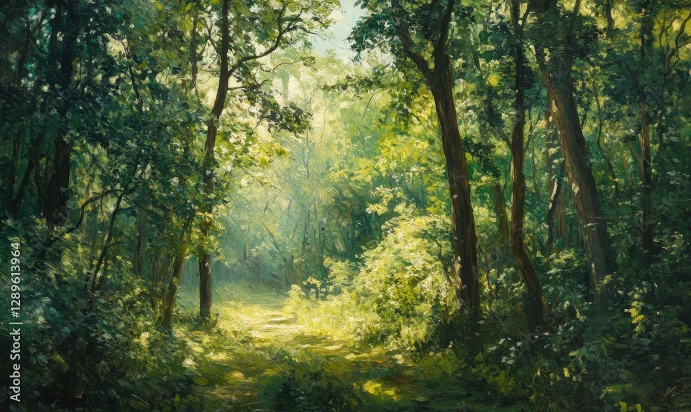 Naklejka premium Dense green forest with sunlight filtering through the canopy, creating dappled shadows and a serene natural atmosphere