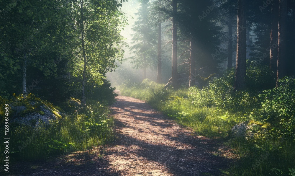 Obraz premium Dramatic forest pathway under soft sunlight filtering through the trees, inviting peaceful reflection.