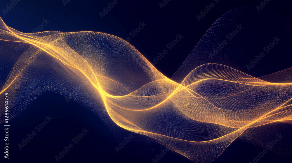 Fototapeta premium A digital abstract wave of glowing particles in yellow, creating a smooth fluid motion on a dark background, symbolizing energy, technology, and modern design.
