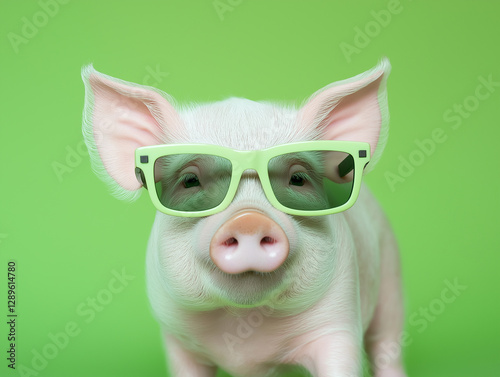Cute pig wearing green glasses in a funny portrait with animal fashion style