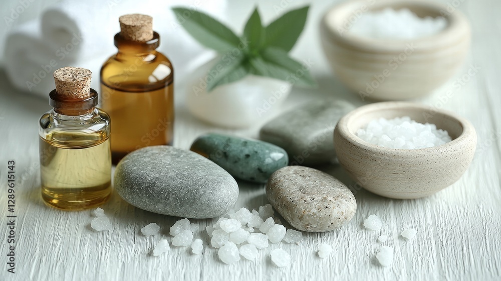 Bottle of essential oil next to a bowl of salt and a small bowl of sea salt on a wooden surface