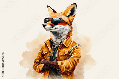A sophisticated anthropomorphic fox wearing sunglasses and a stylish orange jacket with arms crossed against a neutral background.