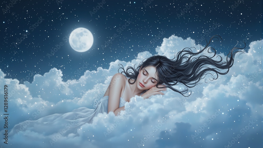 Tranquil woman rests on a cloud under the moonlight hair flowing freely amidst the stars in a serene dreamlike scenario