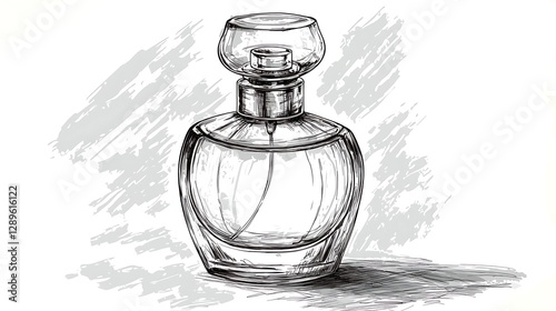 Hand-drawn vintage perfume bottle sketch with a modern illustration style, captured in ultra HD with high attention to detail