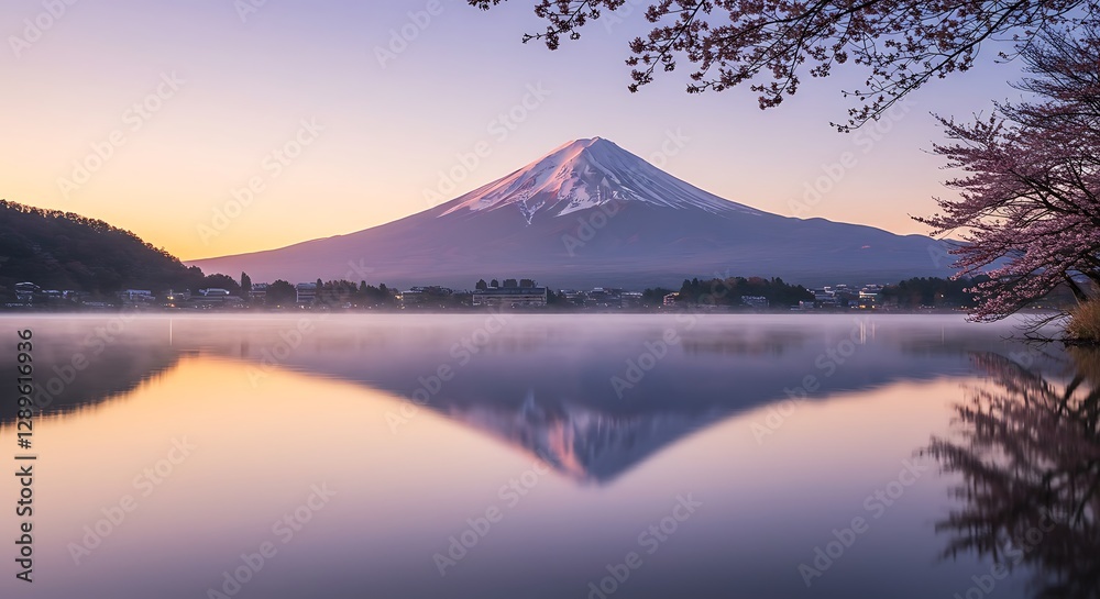 Naklejka premium Snow Mountain Reflecting in Lake Water at Sunrise with Spring Blossoms