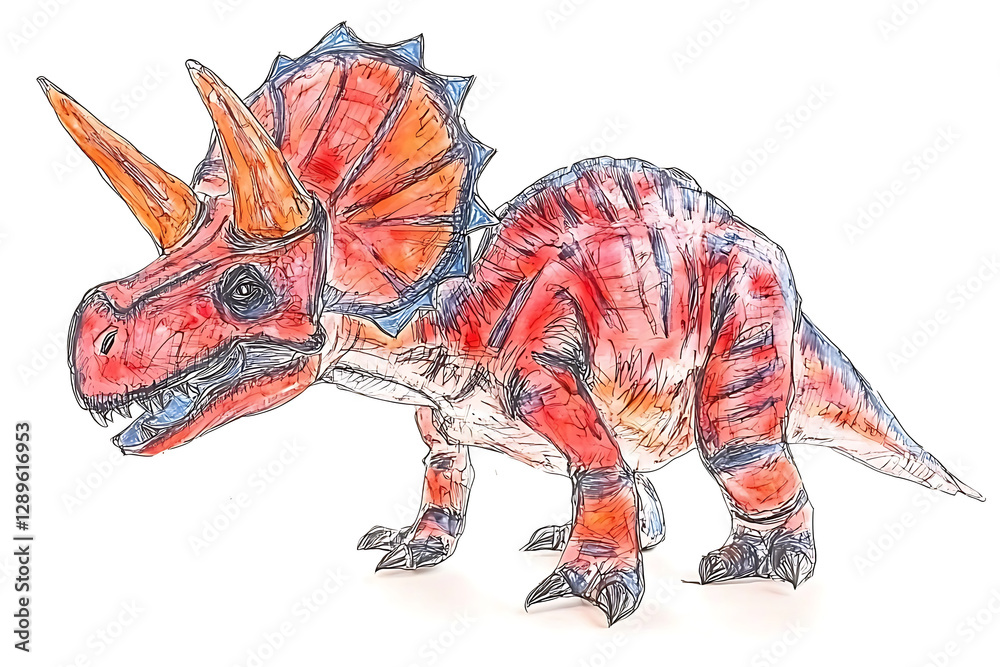 Obraz premium Red and orange watercolor illustration of a Triceratops dinosaur with blue accents standing against a white background.