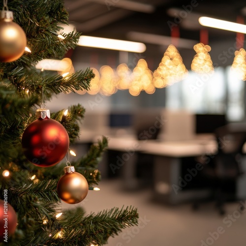 Christmas Tree with Decorations in an Office Setting